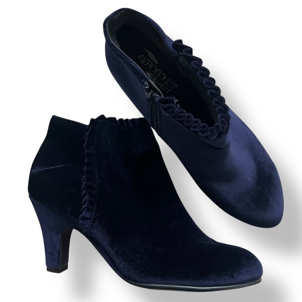 Aerosoles Heelrest Women 10 Navy Blue Velvet Tape Gun Ruffle Zipper Ankle Bootie